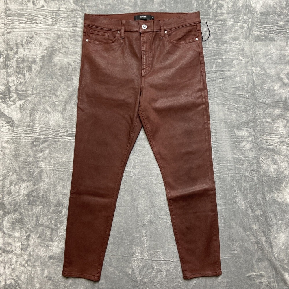 New Hudson Leather Coated Nico Mid Rise Skinny Ankle Jeans Women's Size 34 Brown